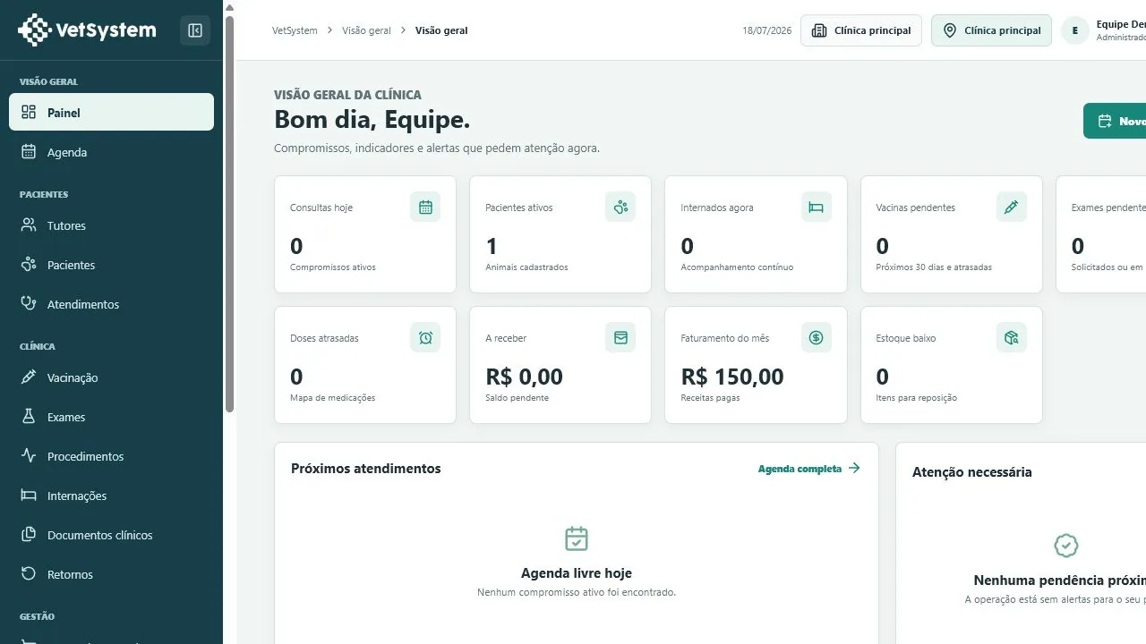 Dashboard demonstrativo do VetSystem com indicadores da clínica e agenda do dia